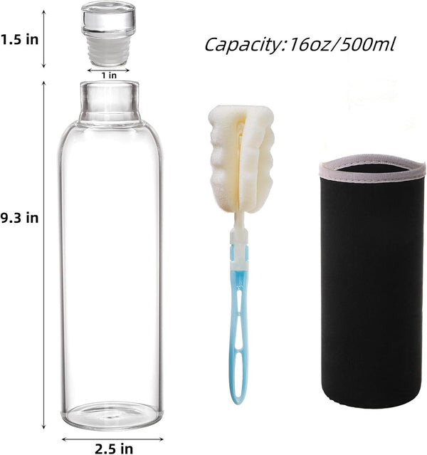 8 Pack Glass Water Bottles with Lids, 16 Oz Clear Glass Juice Bottles with Protective Sleeve Brush, Leak Proof Reusable Refillable Bottles Empty