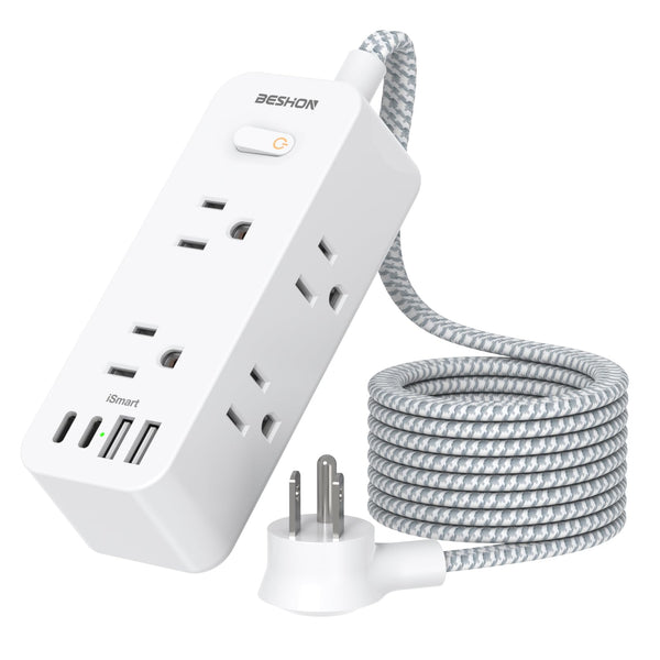 Power Strip Surge Protector, BESHON 5Ft Extension Cord, 6 Outlets with 3 USB Ports(1 USB C Outlet), 3-Side Outlet Extender, Wall Mount, Compact