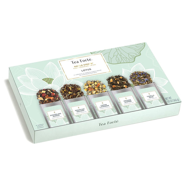 Tea Forte Lotus Single Steeps Loose Leaf Premium Tea Gift Set Sampler, 15 Count 3 of Each Assorted Blends, Pre-Portioned Single Serve Pouches,