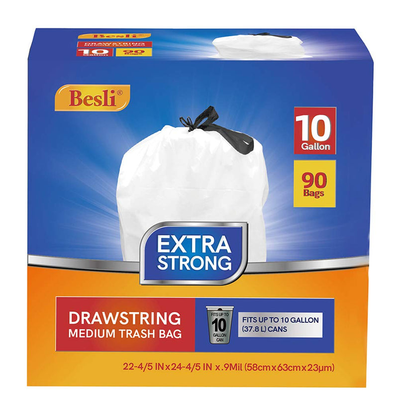 Besli 10 Gallon Drawstring Trash Bag Garbage Bag Trash Can Liner,0.9 Mil,90 Counts
