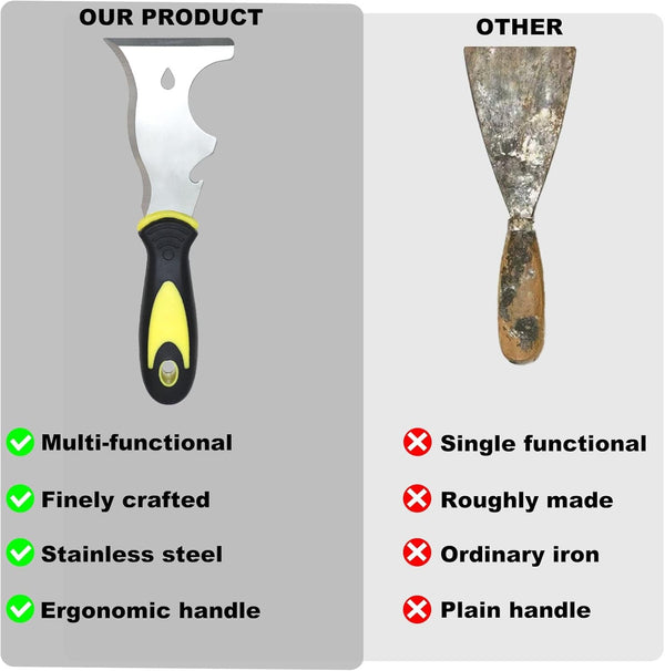 9-In-1 Painter'S Tool, Straight Scraper, Gouger, Roller Cleaner, Curved Scraper, Bottle Opener, Can Opener, Nail Puller, Screwdriver, Hammer |