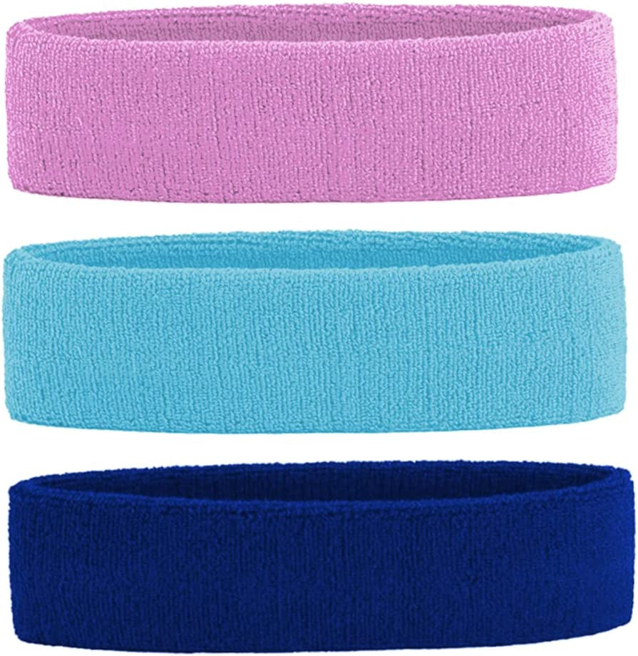 3 Pack Men & Women Sweatband Headband Terry Cloth Moisture Wicking for Sports Tennis Gym Work Out
