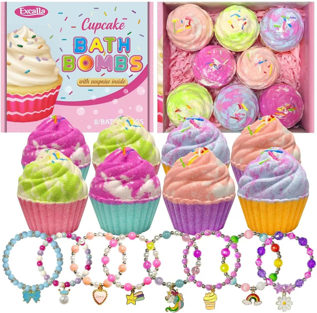 Bath Bombs for Kids with Surprise Jewelry Inside, 8 Cupcake Bath Bombs for Girls Gift Set, Handmade Fizzes Balls with Rich Bubble Bath, Ideal for Chrildren Birthday Christmas