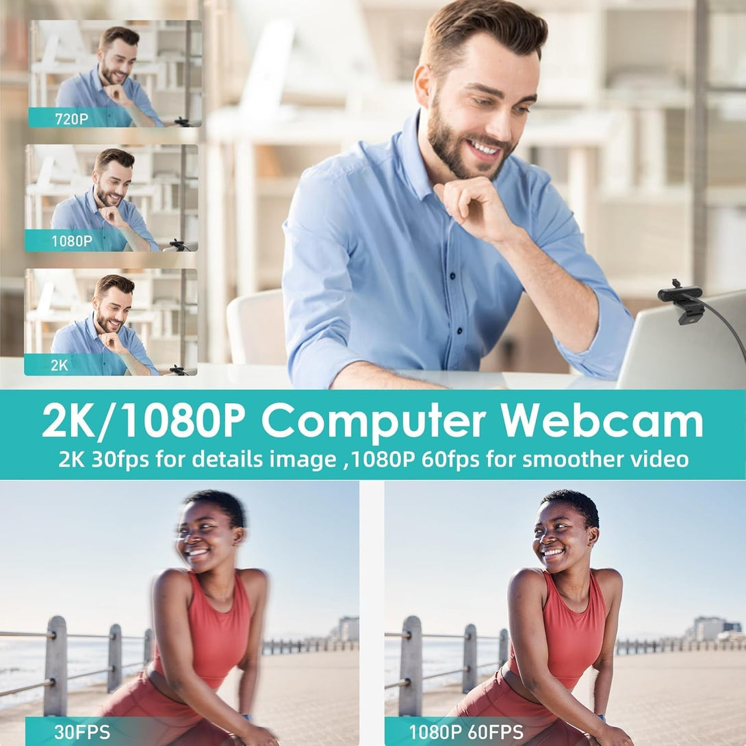 Saylas 2K Webcam, FHD Streaming Camera with 2K/30Fps, 1080P/60Fps, Autofocus, Dual Noise-Cancelling Microphones, Privacy Cover and Tripod, for Computer/Zoom/Skype/Teams/Laptop/Macbook/Windows