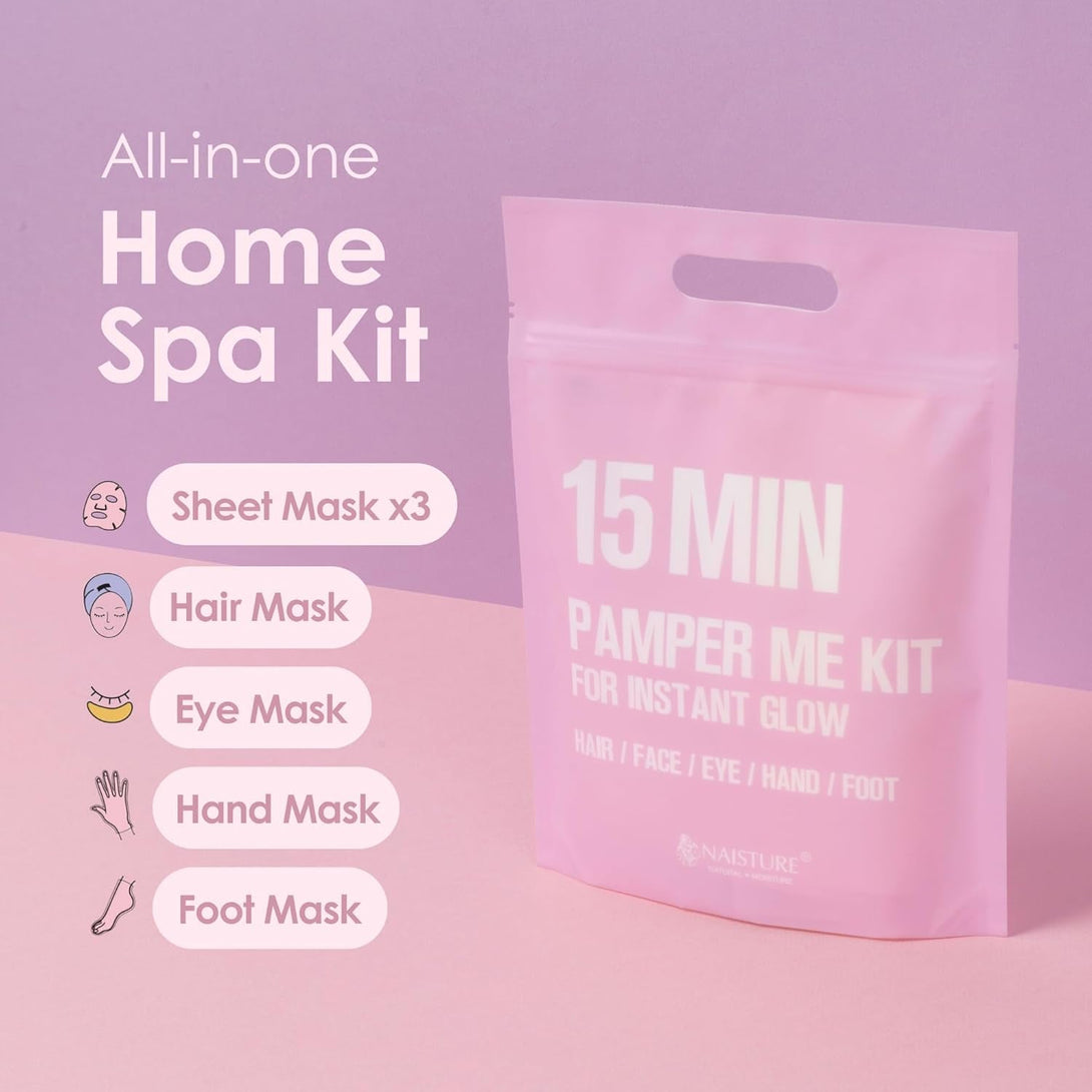 15 Min Pamper Me Kit by Naisture – Korean Spa Kit for Women with Hair Mask, Hand and Foot Masks, Eye Mask, and Face Masks