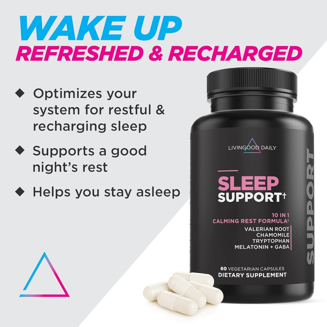 Livingood Daily Sleep Support, 5Mg Melatonin (60 Vegetarian Capsules) - Natural Sleep Aid for Adults - Sleeping Pills Supplement with Valerian Root, Chamomile, Tryptophan, & GABA Promote Deep Sleep