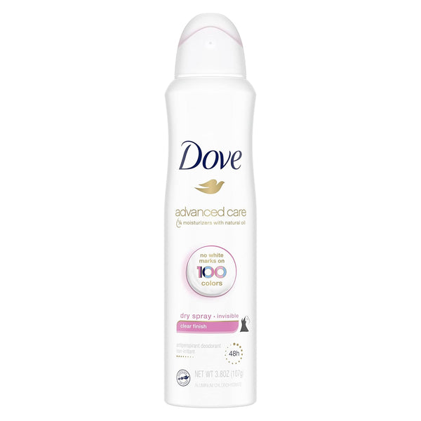Dove Advanced Care Invisible Dry Spray Antiperspirant Deodorant No White Marks on 100 Colors Clear Finish 48-Hour Sweat and Odor Protecting Deodorant for Women 3.8 Oz