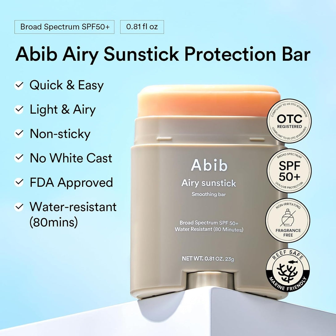 Abib Airy Sunstick Protection Bar Broad Spectrum SPF50+ 0.81 Oz / 23 G (Semi- Matte) | Korean Suncreen Stick Suncare Sunblock, No Whitecast, Protector Solar Barra, Water Resistant