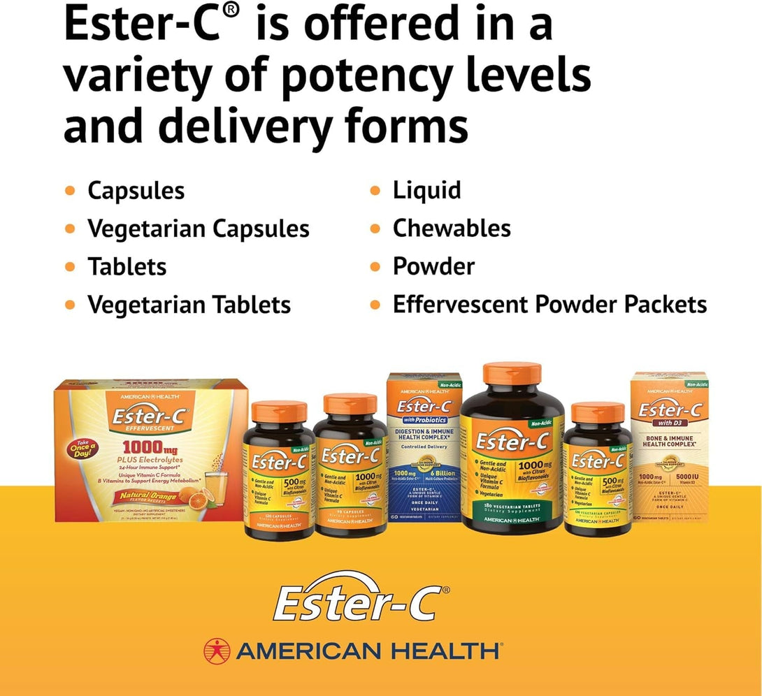 Ester-C American Health with Citrus Bioflavonoids Capsules - 24-Hour Immune Support, Gentle on Stomach, Non-Acidic Vitamin C - Non-Gmo, Gluten-Free - 1000 Mg, 90 Count
