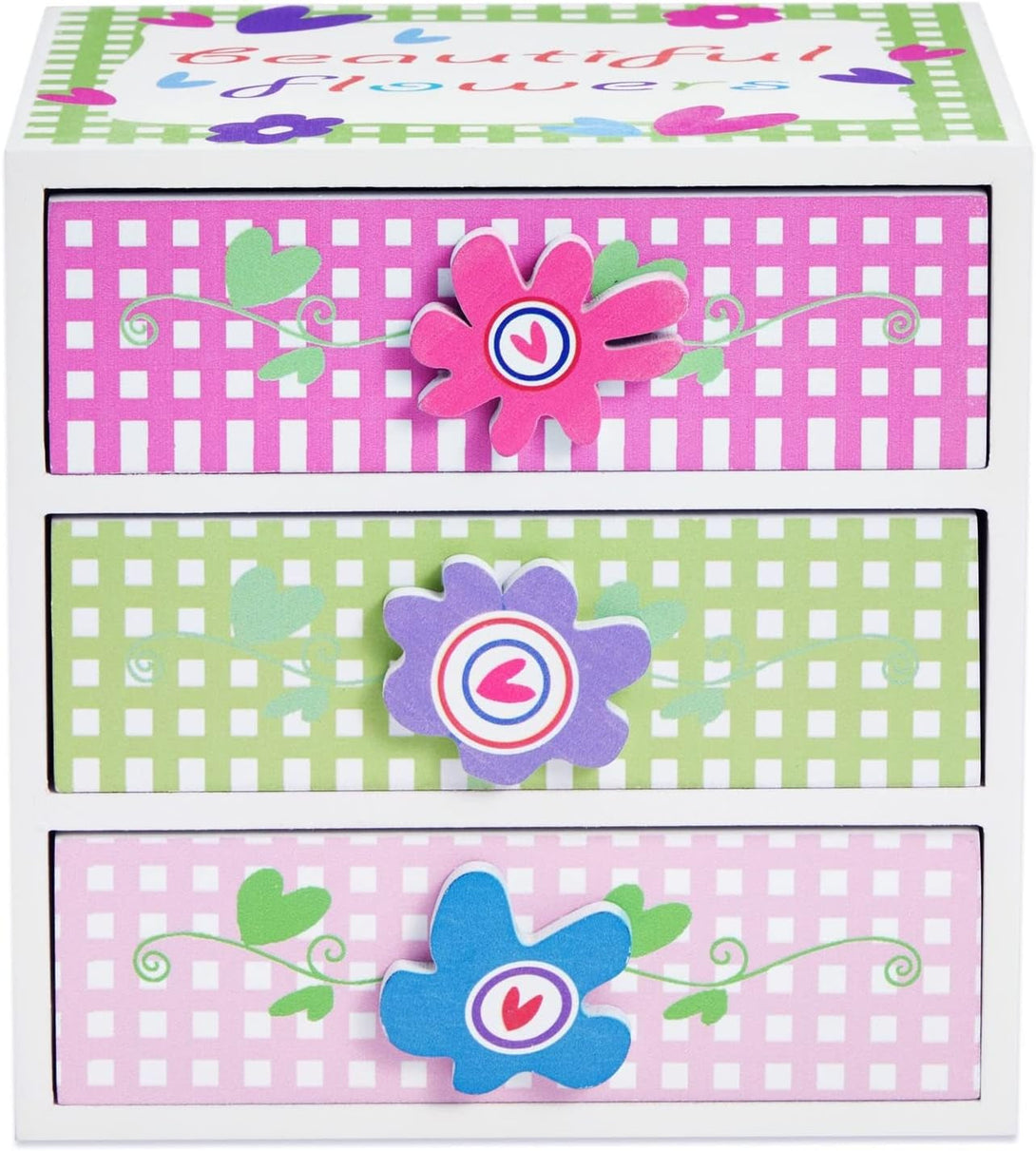 Juvale Small Floral Jewelry Box for Little Girls Aged 4 to 13 - Kids Wooden Organizer with 3 Drawers for Necklaces and Earrings