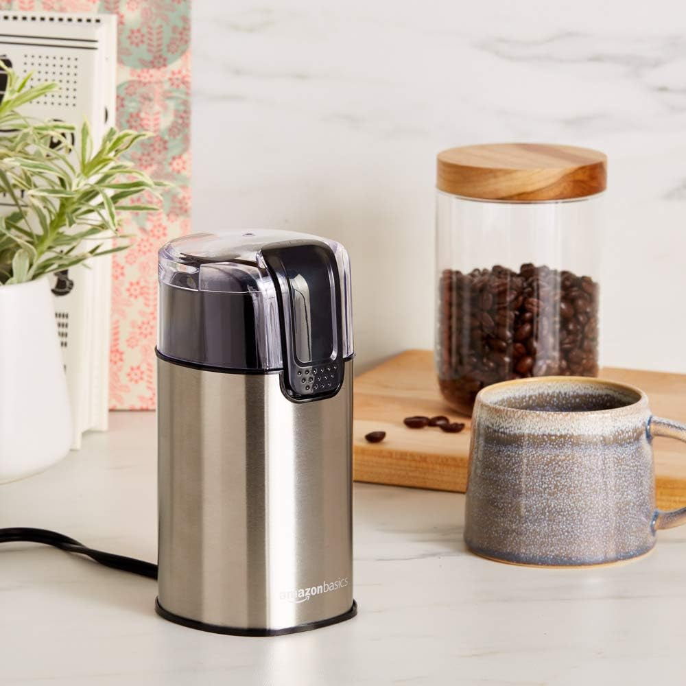 Amazon Basics Electric Coffee Grinder for Home Use, Spice Grinder for Coffee Beans, Herbs, Spices, Grains, Nuts, with Heavy-Duty Stainless Steel Grind Blades, 2.1Oz (60G), 150W, Black & Silver