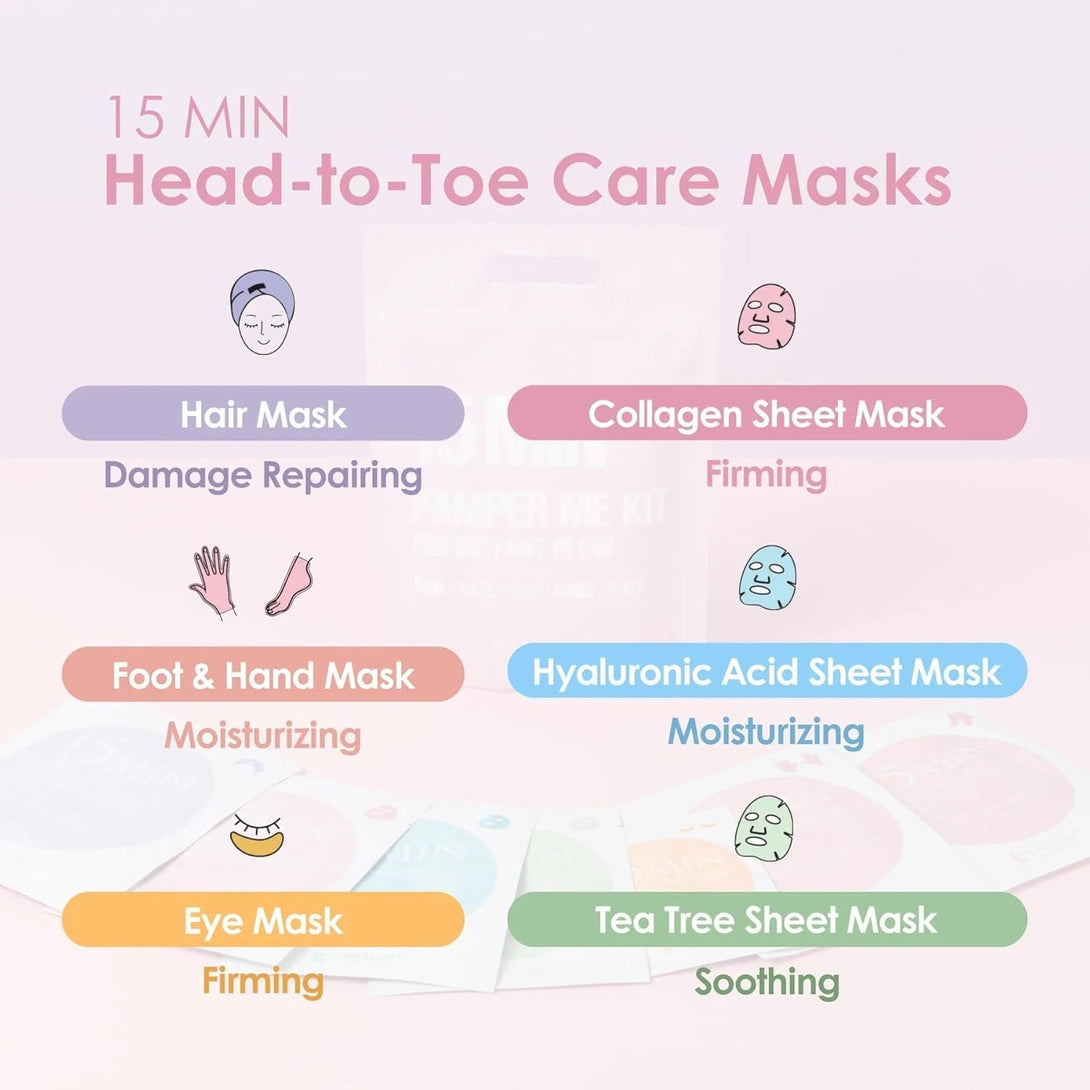 15 Min Pamper Me Kit by Naisture – Korean Spa Kit for Women with Hair Mask, Hand and Foot Masks, Eye Mask, and Face Masks