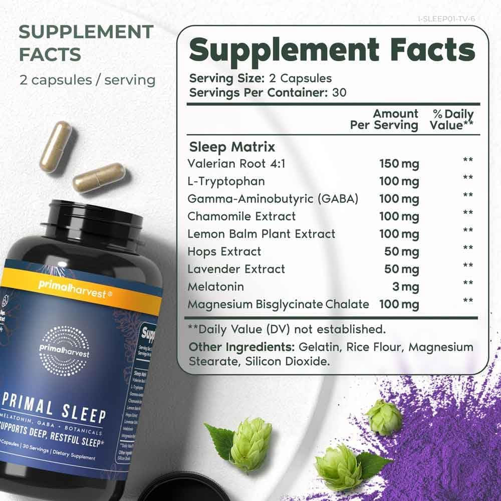Primal Harvest Primal Sleep Support Supplement, 60 Capsules with Valerian Root, L-Tryptophan, GABA, Chamomile, and Melatonin 3Mg