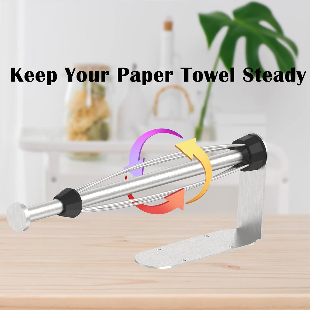 Paper Towel Holder under Cabinet Brushed Nickel Wall Mount Paper Towel Holder with Damping Single Hand Operable, under Counter Paper Towel Racks with Self-Adhesive and Screw for Kitchen Bathroom