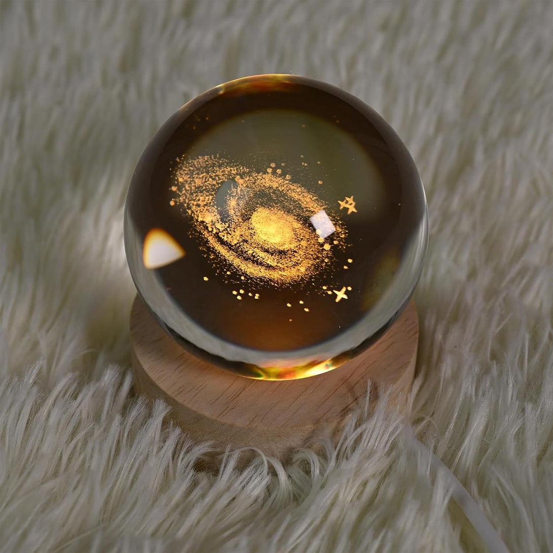 2.36 Inch 3D Galaxy Crystal Ball Night Light Lamp with Wooden Base, Warm Glow LED Mood Night Light, Gift for Boys, Girls, and Teens (Galaxy)