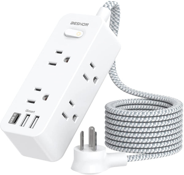 Power Strip Surge Protector, BESHON 5Ft Extension Cord, 6 Outlets with 3 USB Ports(1 USB C Outlet), 3-Side Outlet Extender, Wall Mount, Compact for Travel, Home, School, College Dorm Room and Office