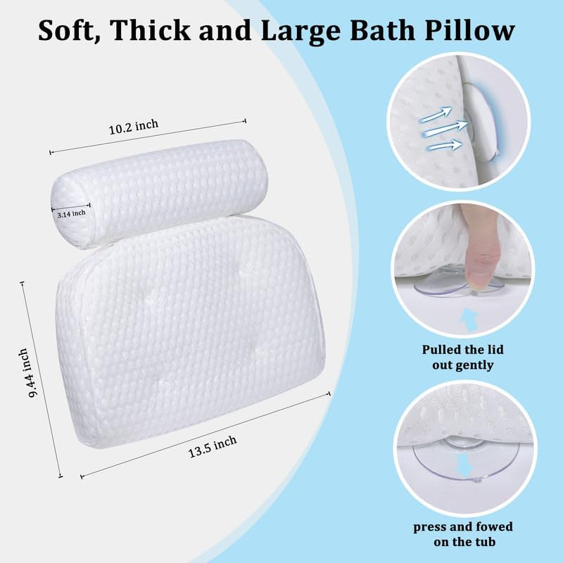 Bath Pillow for Bathtub Support Neck,Head and Back with Non-Slip Suction Cups and Comfortabl 4D Airenmesh Bathtub Pillow for Women & Men