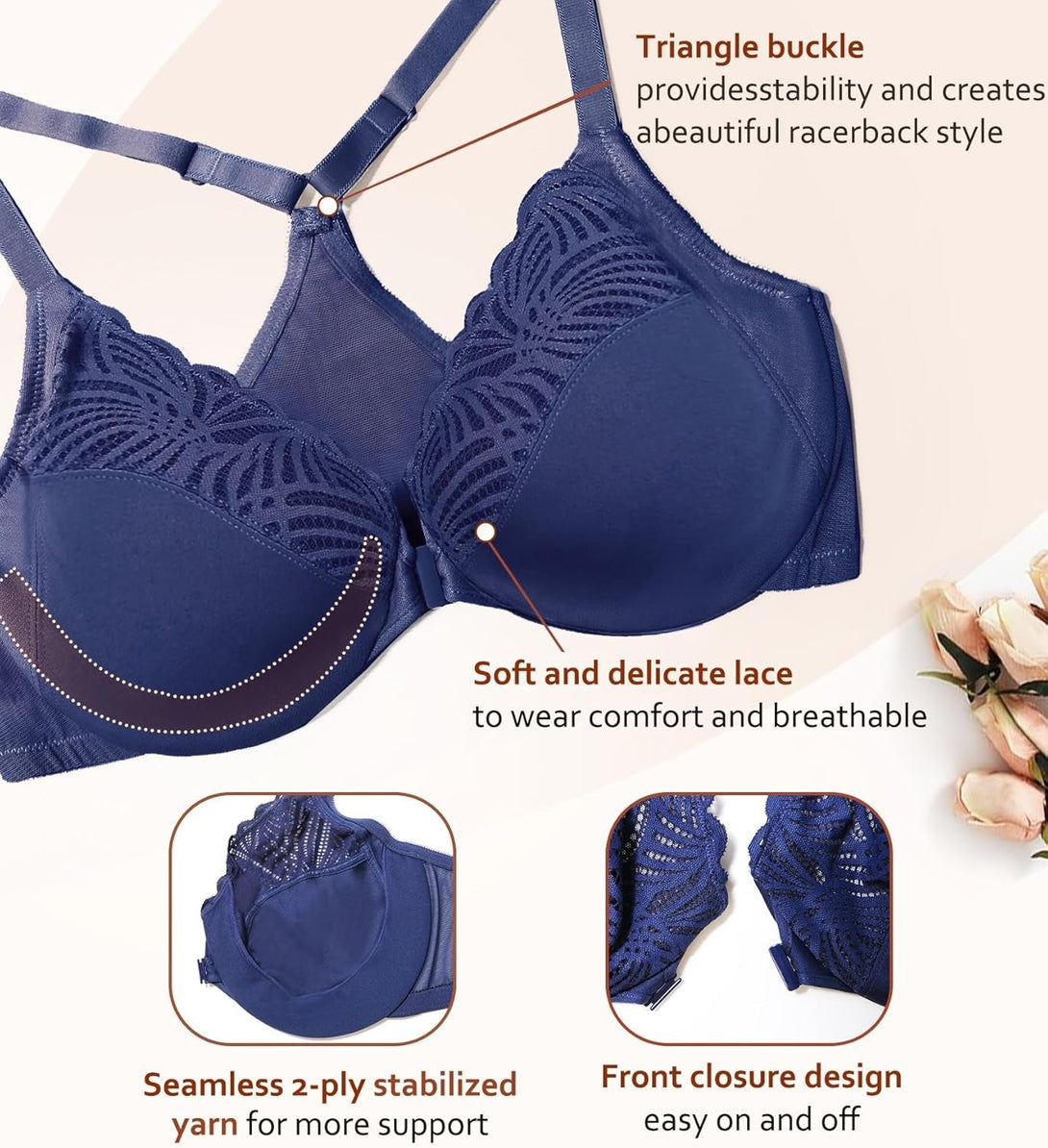 Dotvol Women'S Front Close Bra T Back Full Figure Underwire plus Size Seamless Unlined Bra for Large Bust