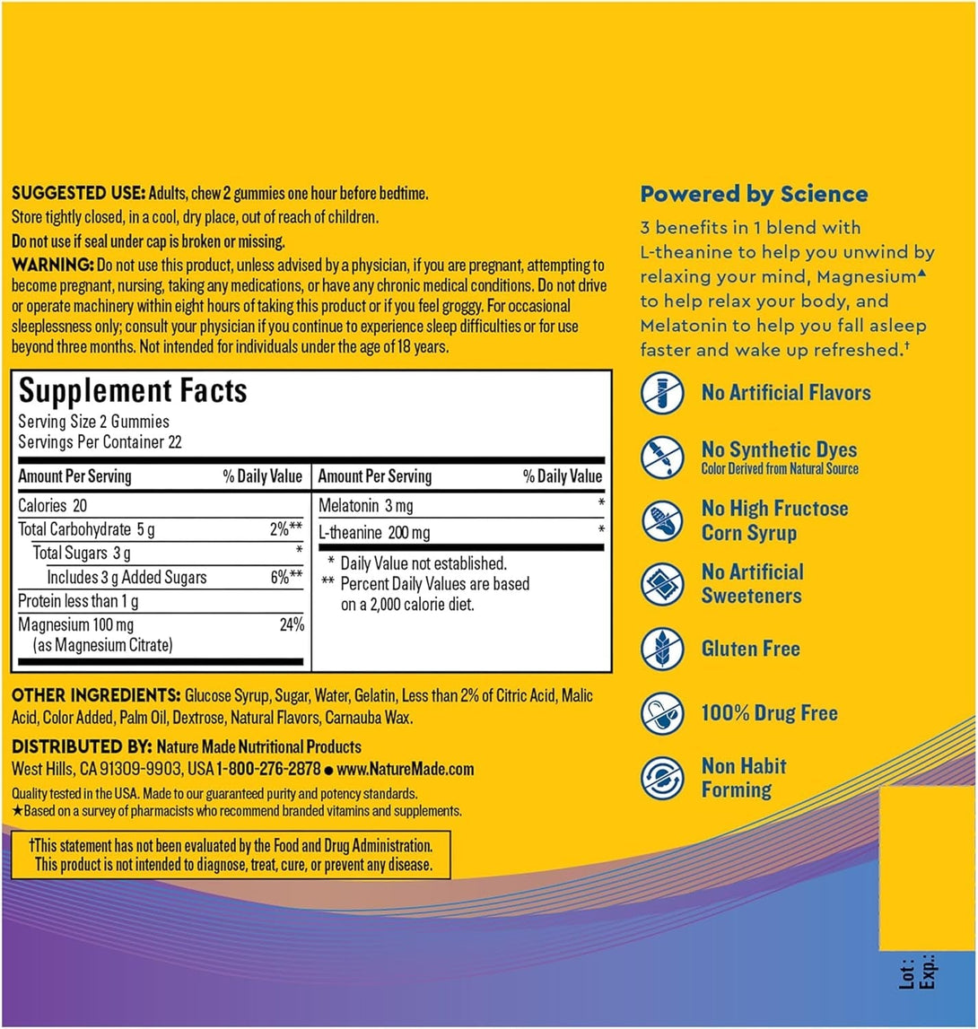 Nature Made Wellblends Sleep and Recover, Sleep Aid with Melatonin 3Mg to Support Restful Sleep, plus L Theanine 200Mg and Magnesium Citrate, 44 Gummies