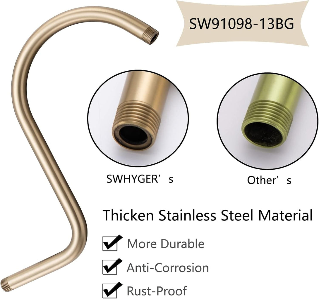 13 Inch High Rise S Shape Shower Extension Arm with Flange,Brushed Gold Shower Head Extender Arm Wall Mounted,Standard 1/2" Connection-Bathroom Accessory,Sw-91098-13Bg.
