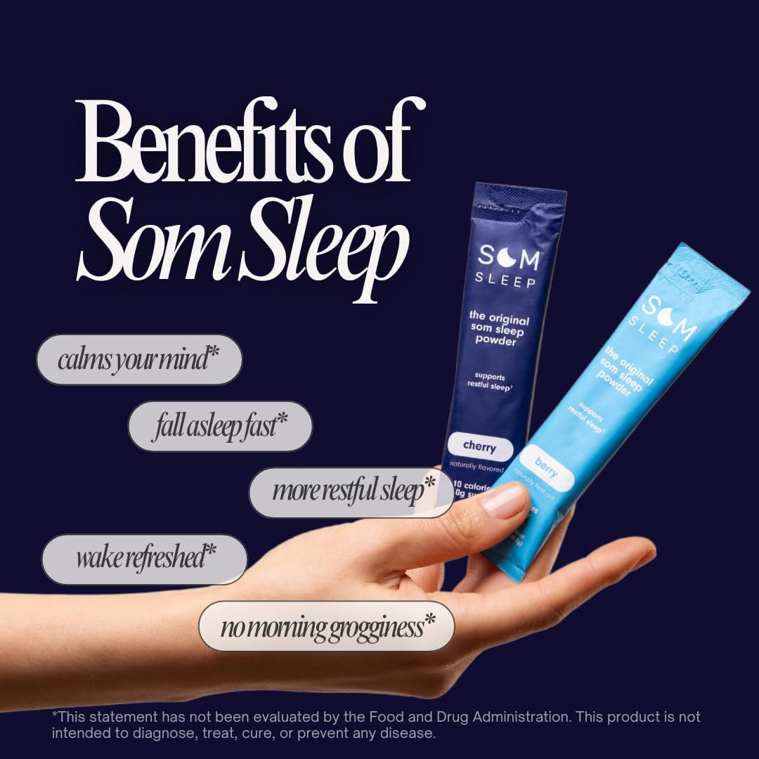 Som Sleep, Restful Sleep Powder Drink Mix W/Melatonin, Magnesium, Vitamin B6, L-Theanine & GABA – Vegan, Zero Sugar, Keto Friendly – Cherry, 10-Pack