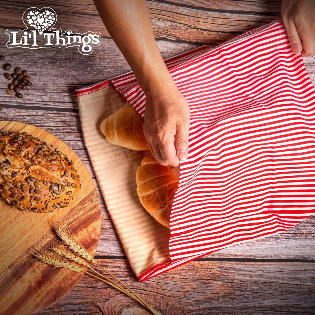 Li'L Things Eco-Friendly Reusable Beeswax Bread Bags | Improved Beeswax Coating | Set of 2 Sizes | 13'X13' & 15’X 9’ | 6 Different Themes | Great for Home Baked Store-Bought Bread | Stripey Red
