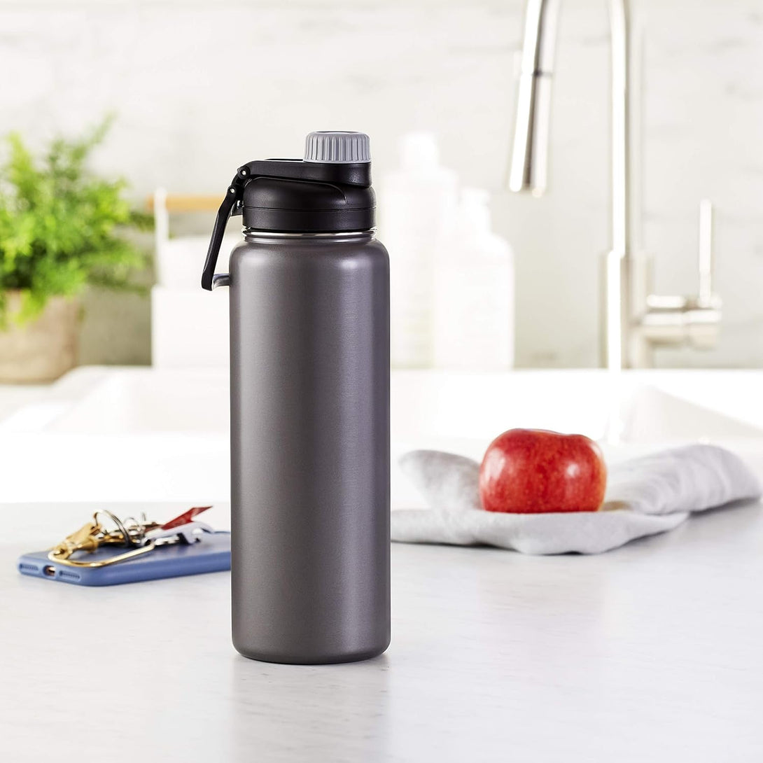 Amazon Basics Large Stainless Steel Insulated Water Bottle, Spout Lid, 30.1 Ounces, Gray