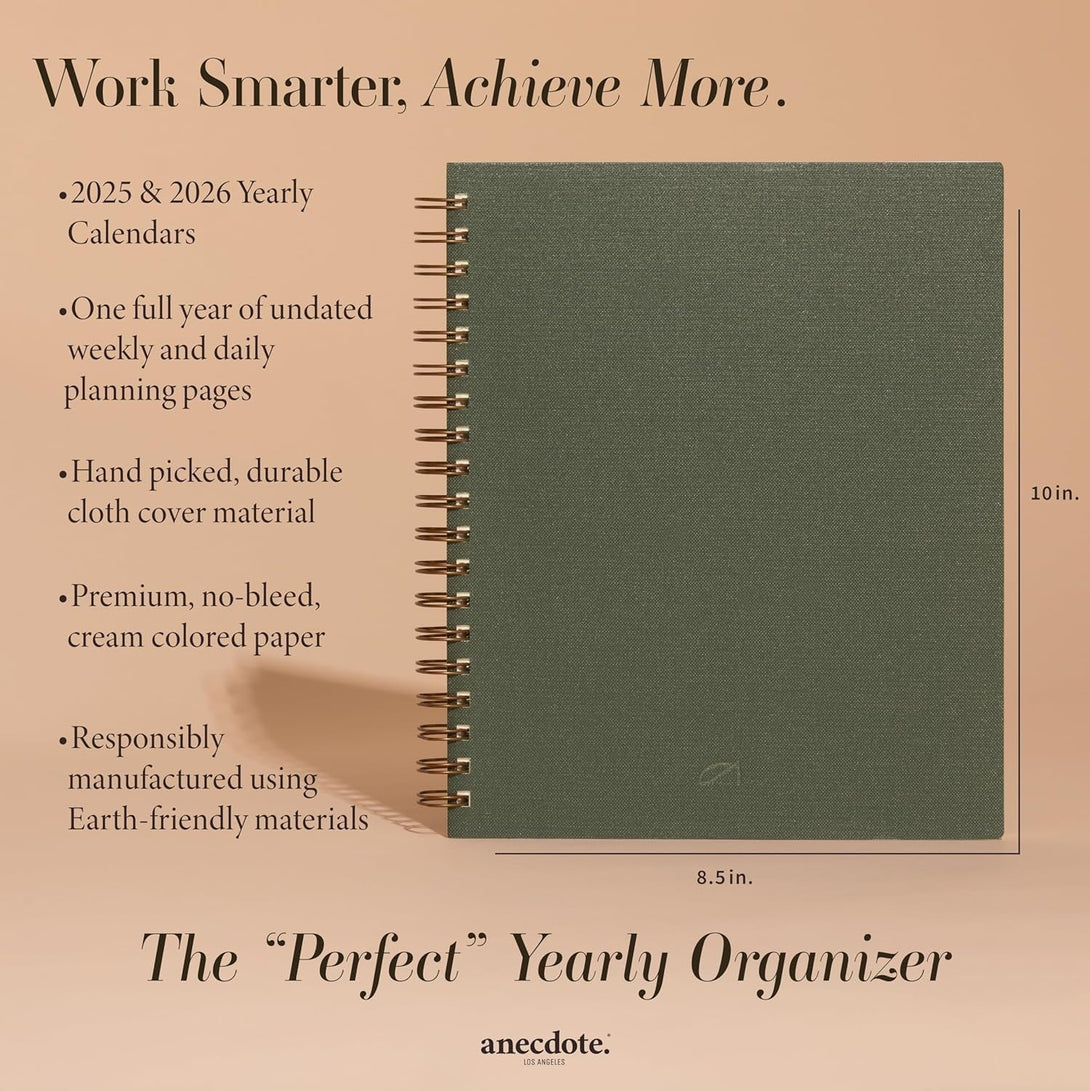 Anecdote 2025 Planner (8.5" X 10") Daily Planner Weekly Monthly Planner - 52 Weeks W/Library Buckram Cover, Brass Spiral - A4 Size Bleed-Resistant Paper – Evergreen