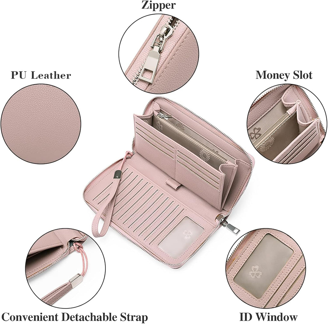 GOIACII Womens Wallet RFID Blocking Leather Zip around Wallet Large Capacity Long Purse Credit Card Clutch Wristlet