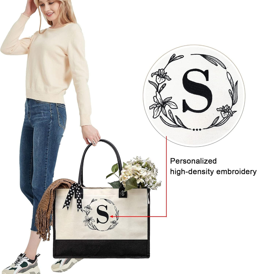 Beegreen Mother'S Day Gifts Personalized Women'S Large White and Black Canvas Tote Bag, Embroidered Initials, Leather Handle, Zipper Closure