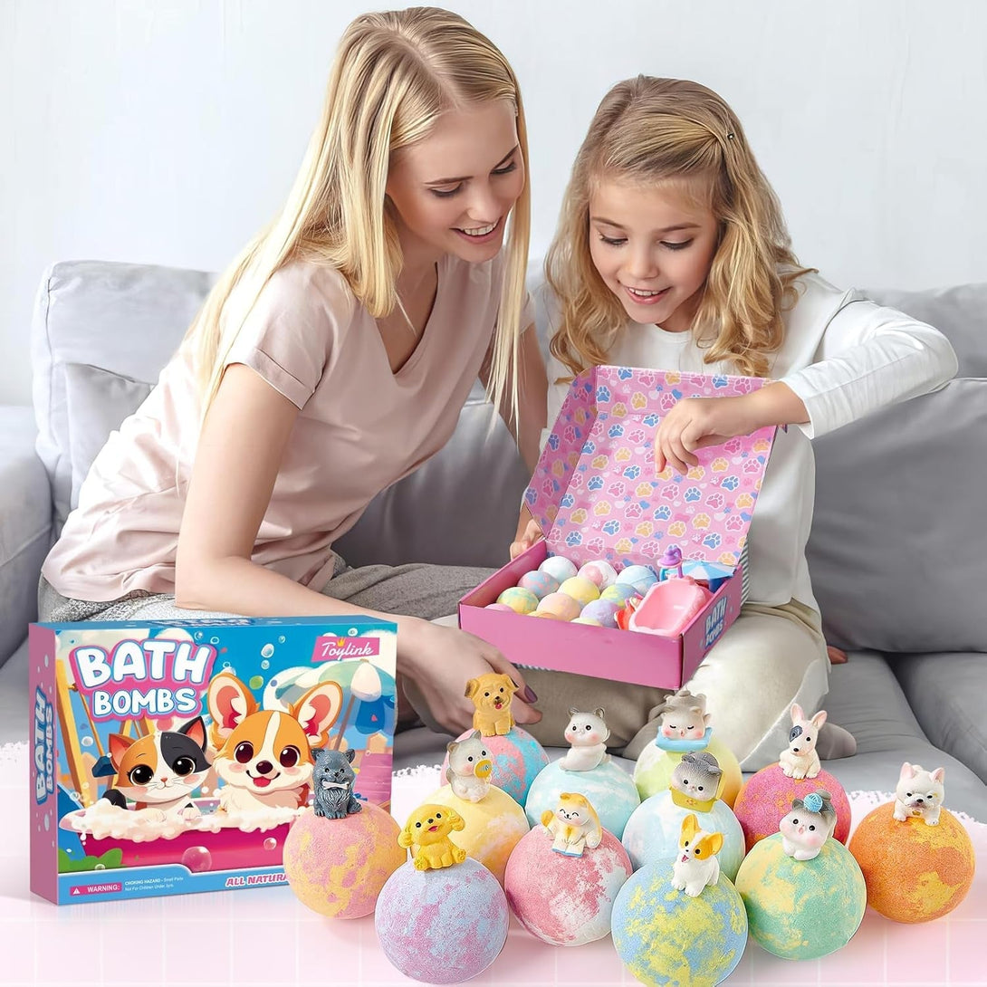 Bath Bombs for Kids with Surprise inside for Girls Boys, 12 Pack Kids Bath Bombs with Dog & Cat Toys Pretend Playset Handmade Bubble Bath Fizzies Birthday Christmas Gift Set