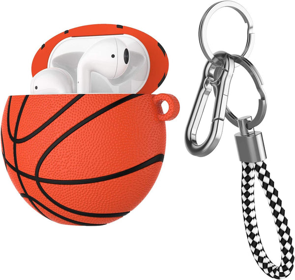 For Airpod Case, Cool Design Sports Cute Funny Basketball round Hard PC Plastic Airpods Case Cover with Keychain Key Ring Lanyard Compatible with Airpods 2 & 1, Brown