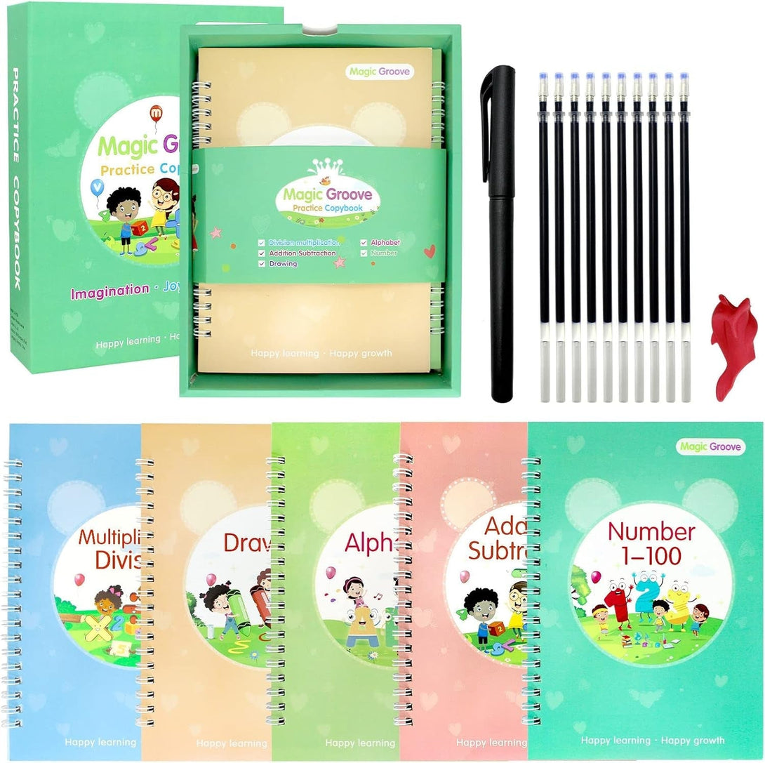 5 PCS Grooved Writing Books for Kids Children Reusable Magic Practice Copy Book Writing Workbook Magic Ink Copy Books for Preschool Tracing Letter Book Grooved Writing Book