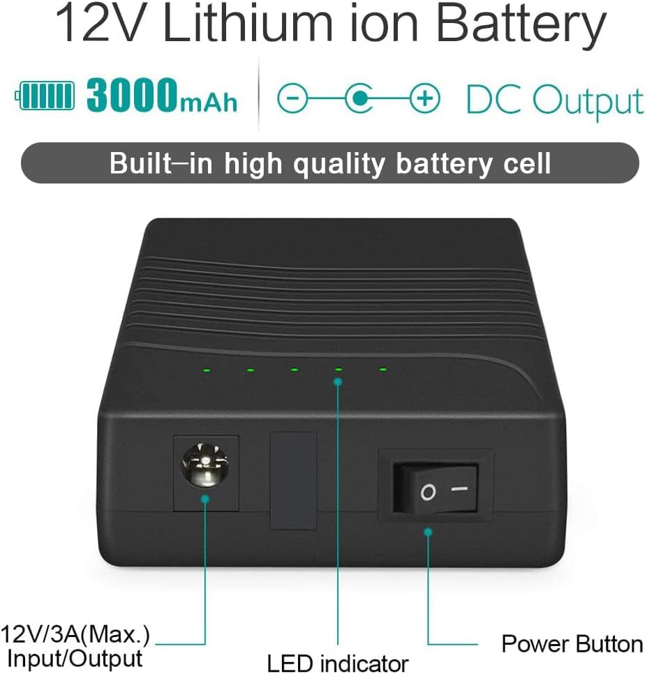 Talentcell Rechargeable 12V DC Output Lithium Ion Battery Pack for LED Strip/Light/Panel/Amplifier and CCTV Camera with Charger, Multi-Led Indicator Black (3000Mah)