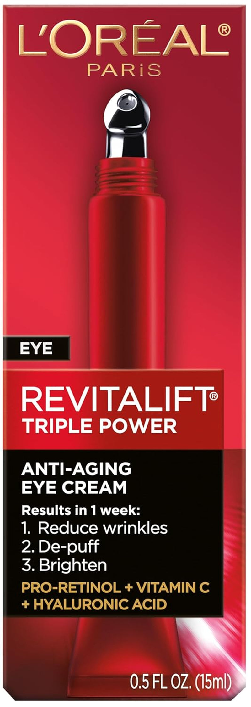 L'Oreal Paris Revitalift Triple Power Anti-Aging Eye Cream Treatment, with Pro Retinol, Hyaluronic Acid & Vitamin C to Reduce Wrinkles, De-Puff and Brighten Skin, 0.5 Fl. Oz.