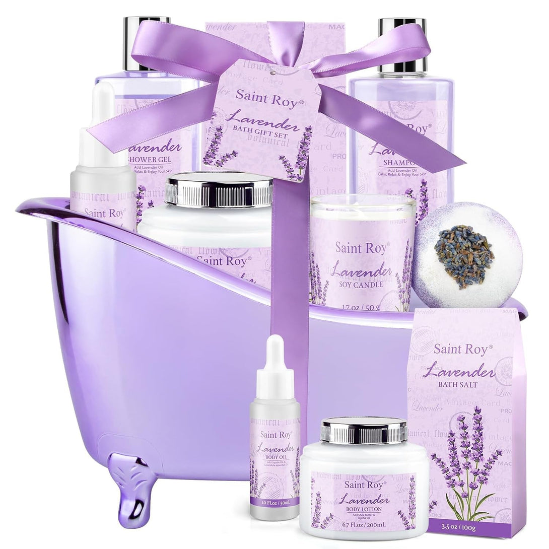Lavender Scented Gifts for Mom Spa Gift Baskets for Women - Spa Baskets for Women Gift Lavender Gifts for Women, Bath Set with Shower Gel, Home Spa Kit Gifts for Her, Christmas, Mothers Day