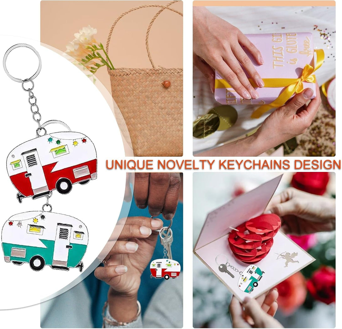 2 Pack Camper Keychain Set Happy RV Camper Keyring Couples Camping Accessories for Men Women Travel Trailers