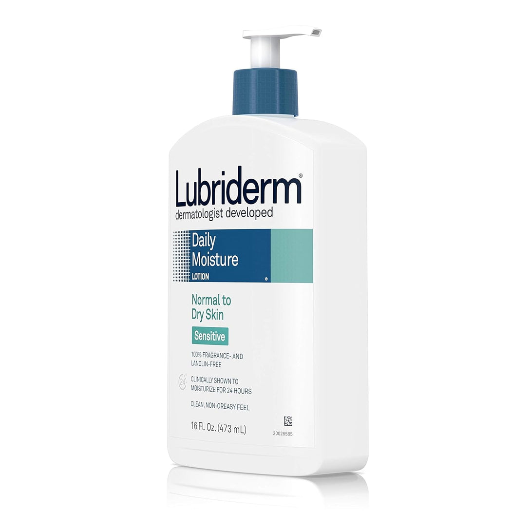 Lubriderm Daily Moisture Body Lotion for Sensitive, Dry Skin, Enriched with Vitamin B5, Dye and Lanolin Free, Unscented and Non-Greasy, 16 Fl. Oz