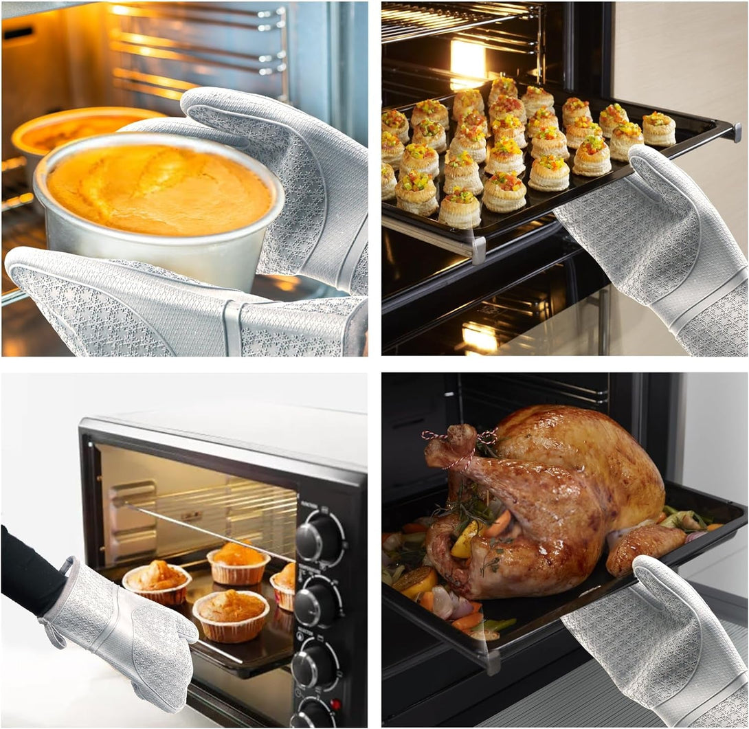 Hovico Silicone Oven Mitts, Oven Gloves with Non-Slip Waterproof - 2PCS Grey Oven Mittens Heat Resistant 600 Degree, Soft Lining Silicone Oven Mits for Cooking Baking Kitchen Mitten