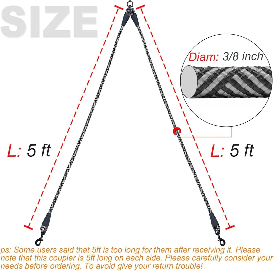 5 FT Double Dog Leash Coupler, Extension Rope for Two Dogs Walking, No Tangle Dual Strong Dog Lead Splitter, for Large Strong Medium Dogs (3/8" X 1.5M -Black)