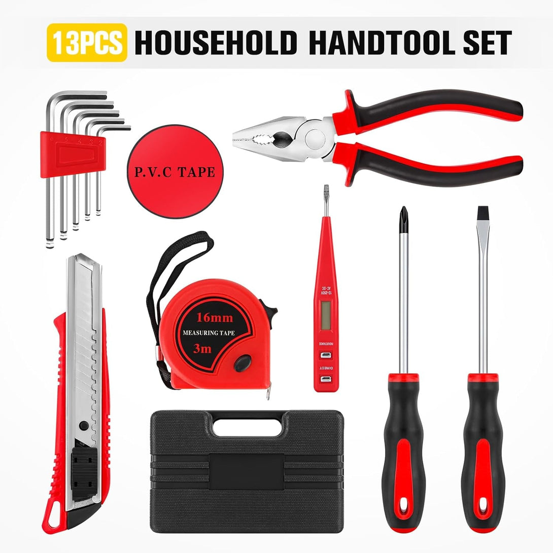 13 Piece Tool Kit, Small Hand Tools for Men Women, Mini Tool Set for Home with Plastic Tool Box for Household, Repair, All Purpose