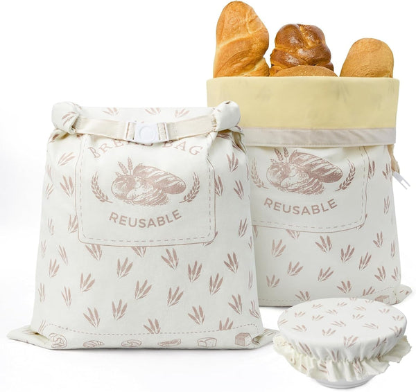2 Pcs Reusable Beeswax Bread Bags with Cotton Bowl Cover, Containers for Homemade Bread, Cotton Beeswax Storage to Keep Fresh, Perfect Bags for Home-Baked