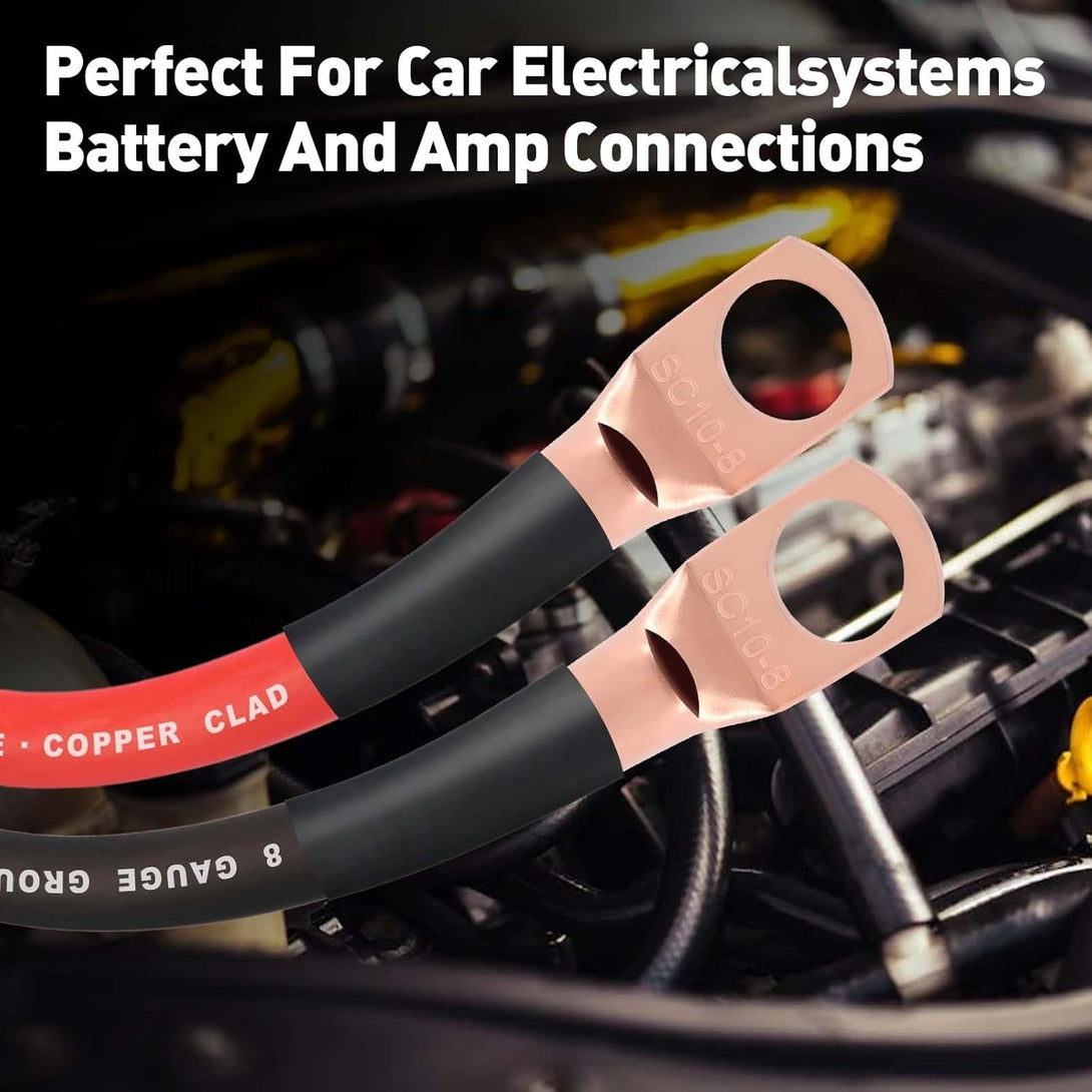 8 Gauge Wire (50FT Black) SGANGCAR True Spec Power Ground Wire Cable with 10 Lugs, 10 Heat Shrink Wrap,Copper Clad Aluminum Cca,For Power/Auto,Amplifier,Car Audio Speaker,Ground Cable