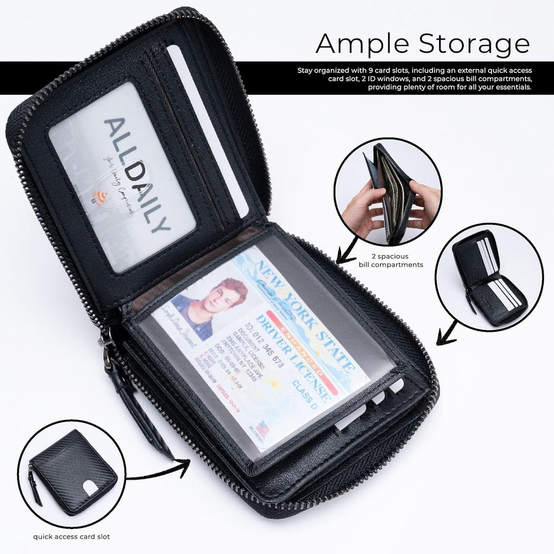 Alldaily RFID Blocking Wallets for Men with Zipper Bifold RFID Card Holder (Black)