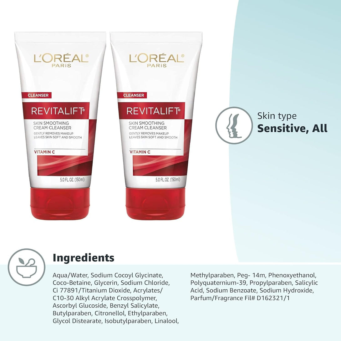 L'Oreal Paris Revitalift Daily Cream Cleanser, Gentle Makeup Remover Face Wash with Vitamin C 5 Fl. Oz (Pack of 2)