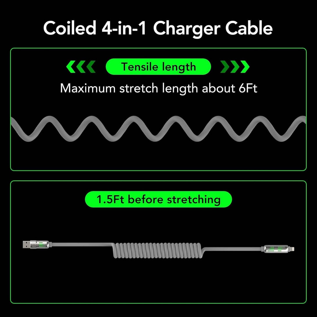 4-In-1 Coiled Universal USB Charging Cable -MAX 240W Fast Charging/Charger Cord with Multi USB Port for Iphone 16/15 14 13 Ipad Samsung Galaxy Macbook Ipad Tablets and More (Grey, 6Ft)
