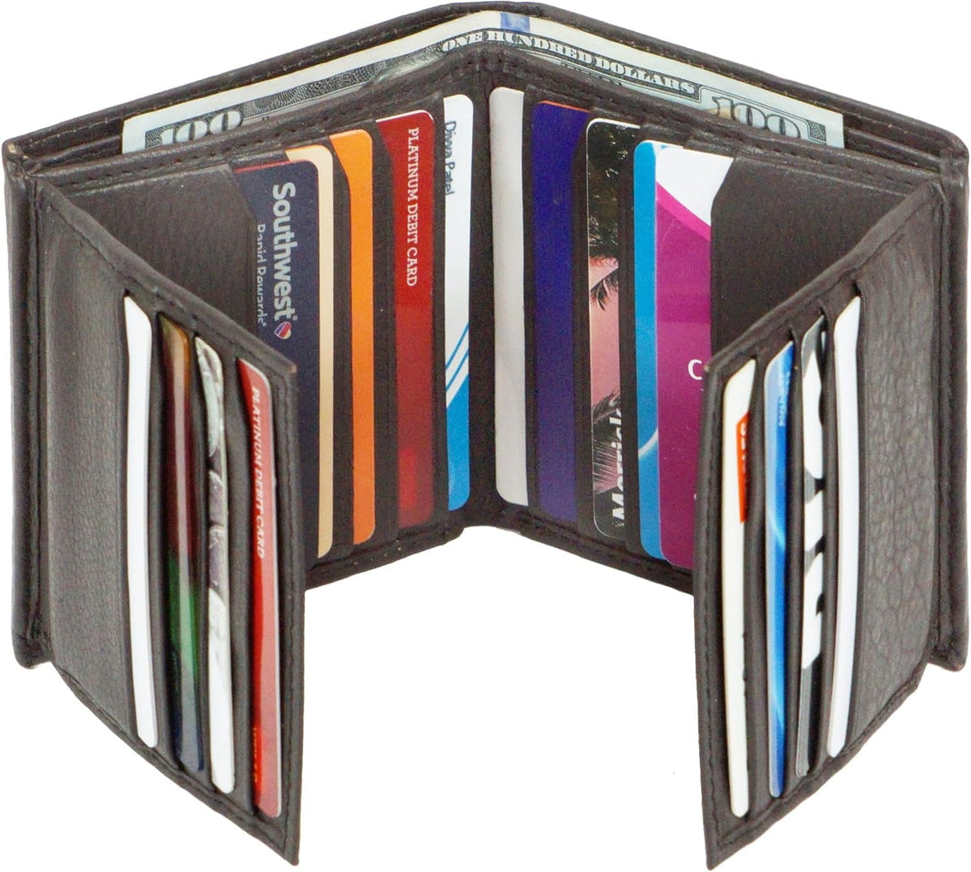 Bullz Genuine Nappa Cow Leather Thick Dual Credit Card ID Flap Quad Fold Large Bifold Mens Wallet Passcase RFID