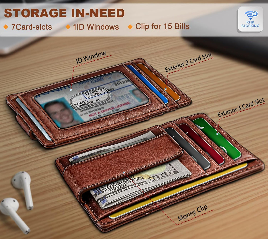 BULLIANT Men Wallet,Slim Leather Wallet Money Clip Card Hodler for Men Gift 8 Cards RFID Blocking