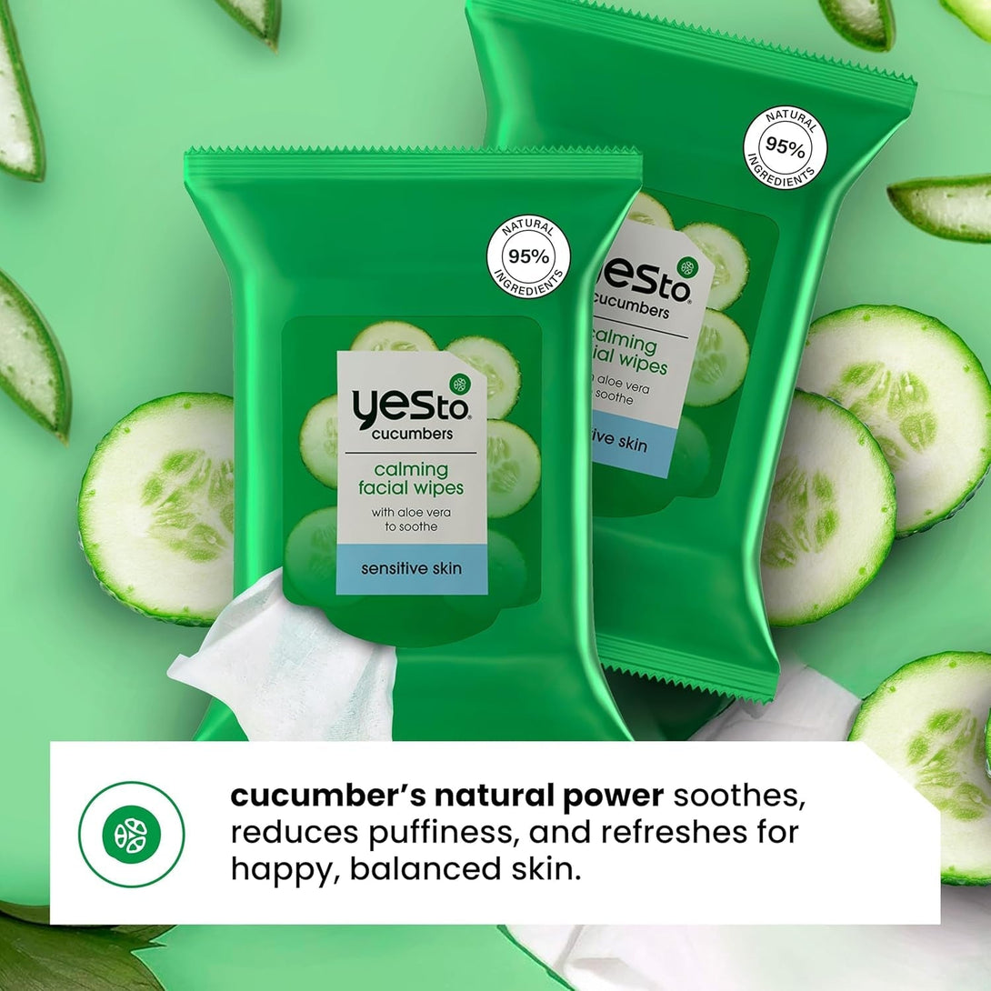 Yes to Face Wipes for Women and Men, Sensitive Facial Cleansing Wipes for Use as a Makeup Remover, Cleaning, Soothing, Cucumbers (Pack of 3)