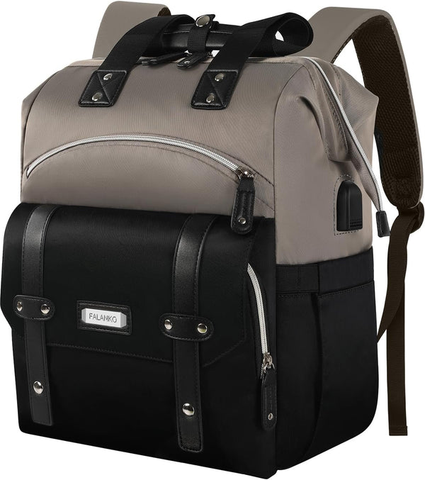 FALANKO Women Laptop Backpack, Doctor Nurse Teacher Work Adult Backpack for 15.6 Inch Laptop with RFID Anti-Theft USB Charging Port College Business Computer Bookbag Grey Black